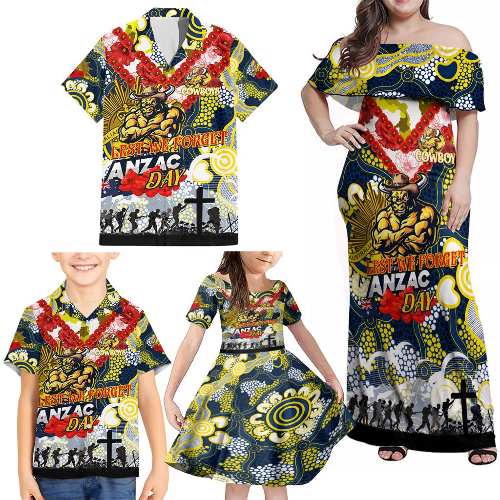 Personalised Cowboys ANZAC Day Family Matching Off Shoulder Maxi Dress and Hawaiian Shirt Aboriginal Rising Sun