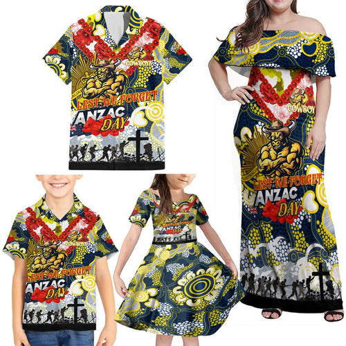 Personalised Cowboys ANZAC Day Family Matching Off Shoulder Maxi Dress and Hawaiian Shirt Aboriginal Rising Sun