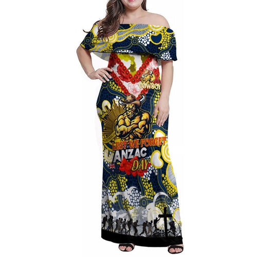 Personalised Cowboys ANZAC Day Family Matching Off Shoulder Maxi Dress and Hawaiian Shirt Aboriginal Rising Sun