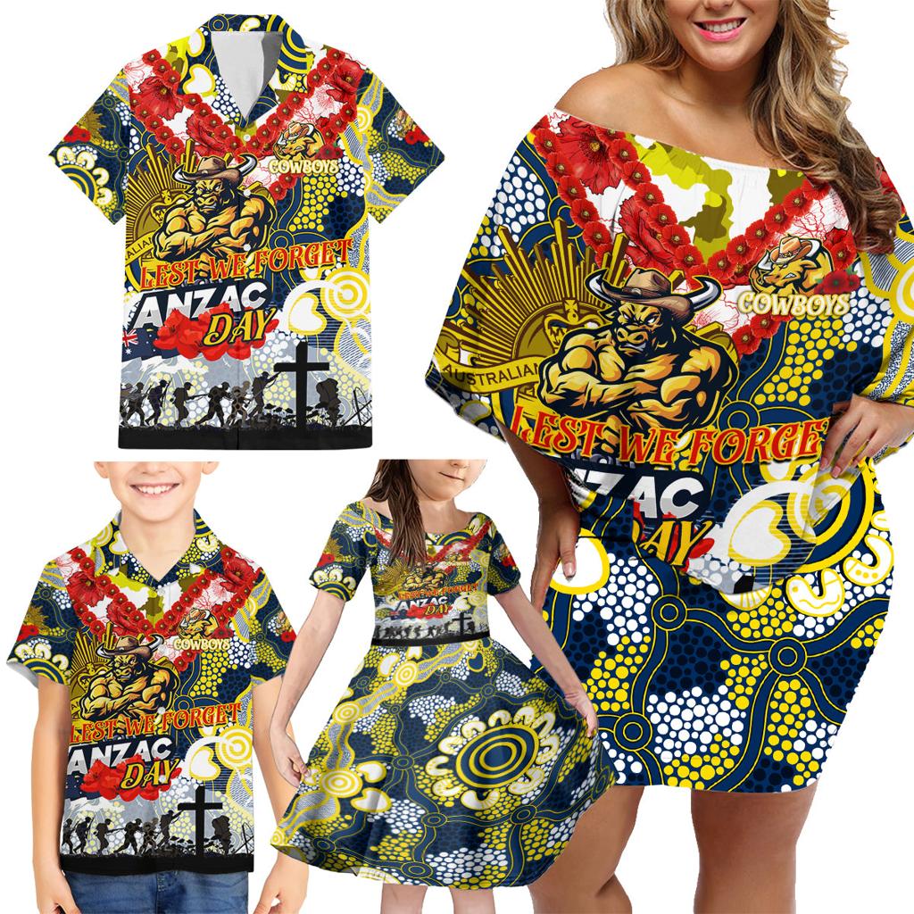 Personalised Cowboys ANZAC Day Family Matching Off Shoulder Short Dress and Hawaiian Shirt Aboriginal Rising Sun