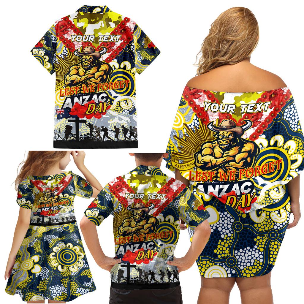 Personalised Cowboys ANZAC Day Family Matching Off Shoulder Short Dress and Hawaiian Shirt Aboriginal Rising Sun