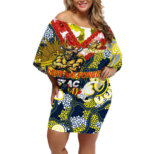 Personalised Cowboys ANZAC Day Family Matching Off Shoulder Short Dress and Hawaiian Shirt Aboriginal Rising Sun