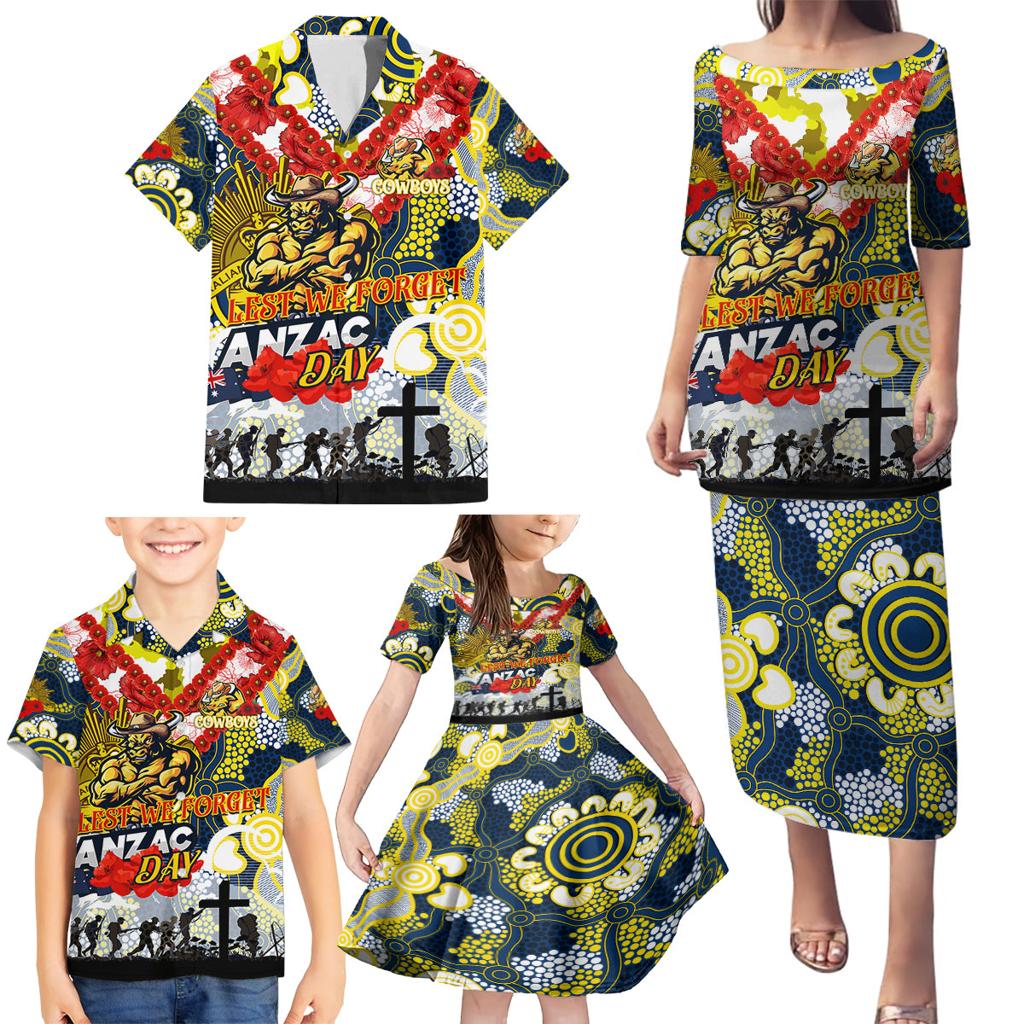 Personalised Cowboys ANZAC Day Family Matching Puletasi and Hawaiian Shirt Aboriginal Rising Sun