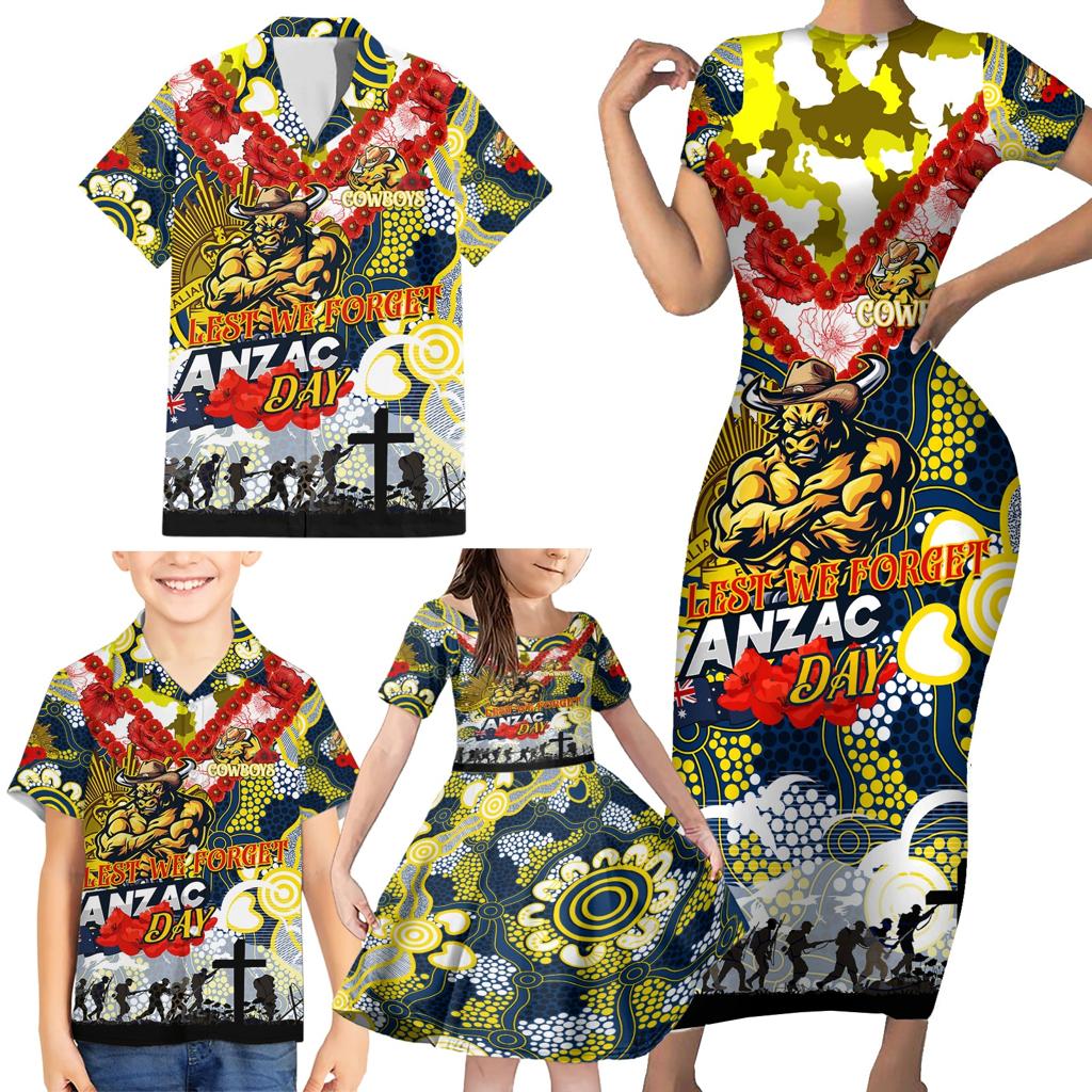 Personalised Cowboys ANZAC Day Family Matching Short Sleeve Bodycon Dress and Hawaiian Shirt Aboriginal Rising Sun