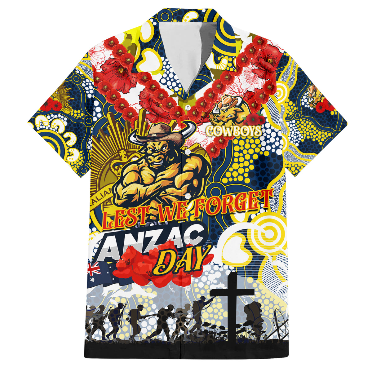 Personalised Cowboys ANZAC Day Hawaiian Shirt Aboriginal Rising Sun