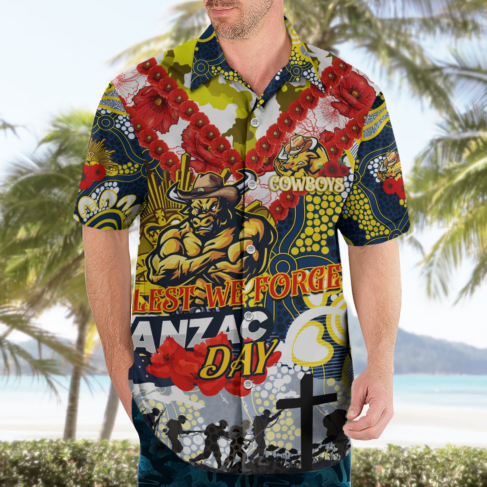 Personalised Cowboys ANZAC Day Hawaiian Shirt Aboriginal Rising Sun