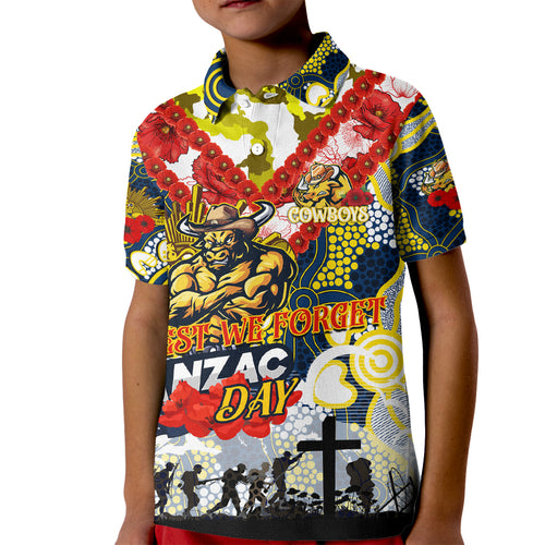 Personalised Cowboys ANZAC Day Kid Polo Shirt Aboriginal Rising Sun