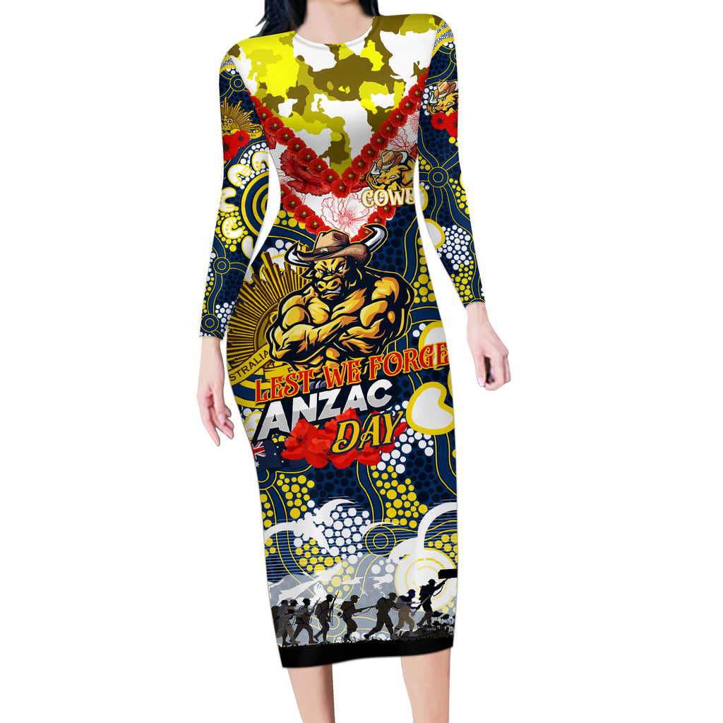 Personalised Cowboys ANZAC Day Long Sleeve Bodycon Dress Aboriginal Rising Sun