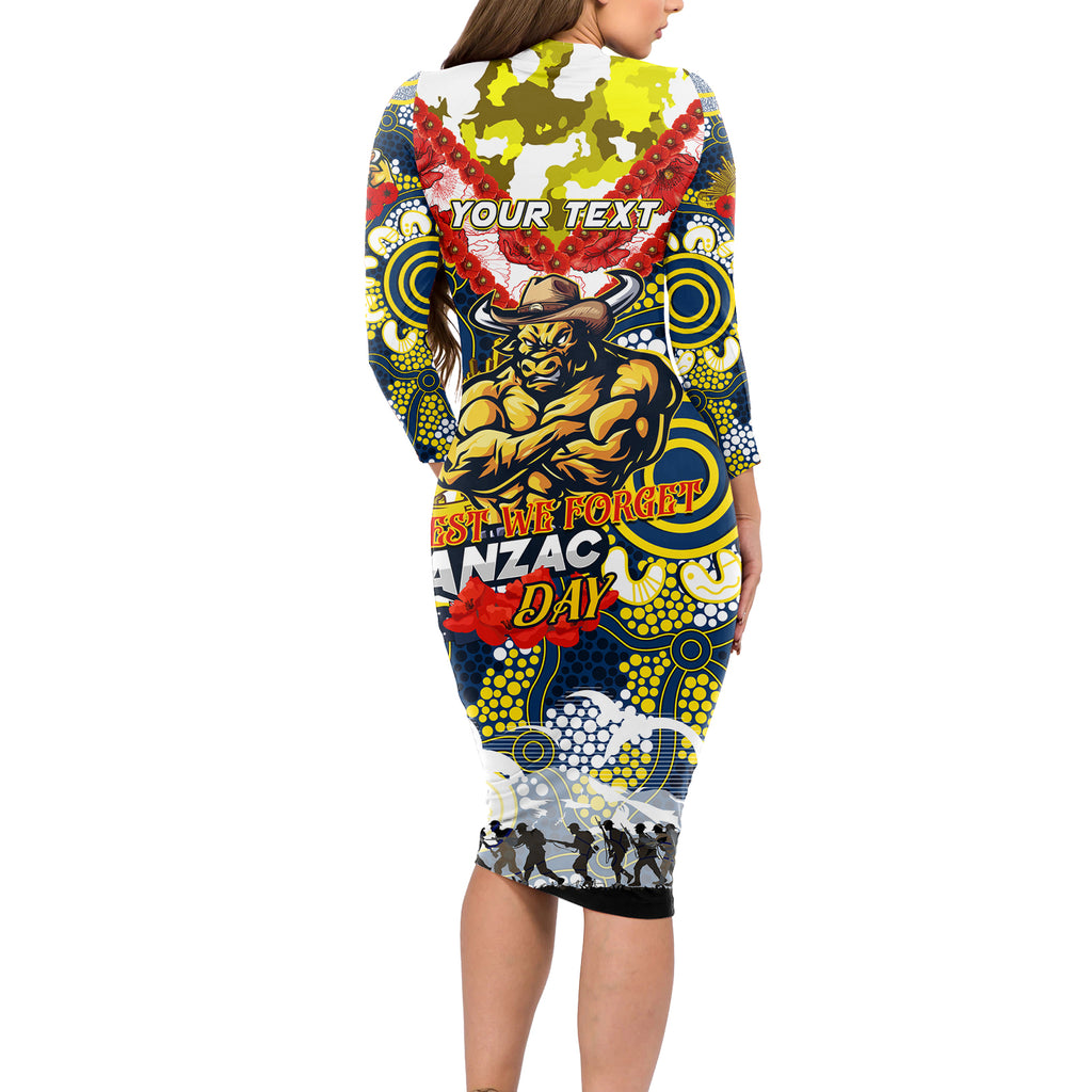 Personalised Cowboys ANZAC Day Long Sleeve Bodycon Dress Aboriginal Rising Sun