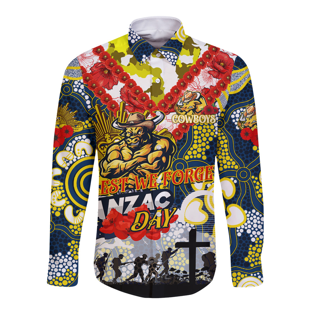 Personalised Cowboys ANZAC Day Long Sleeve Button Shirt Aboriginal Rising Sun