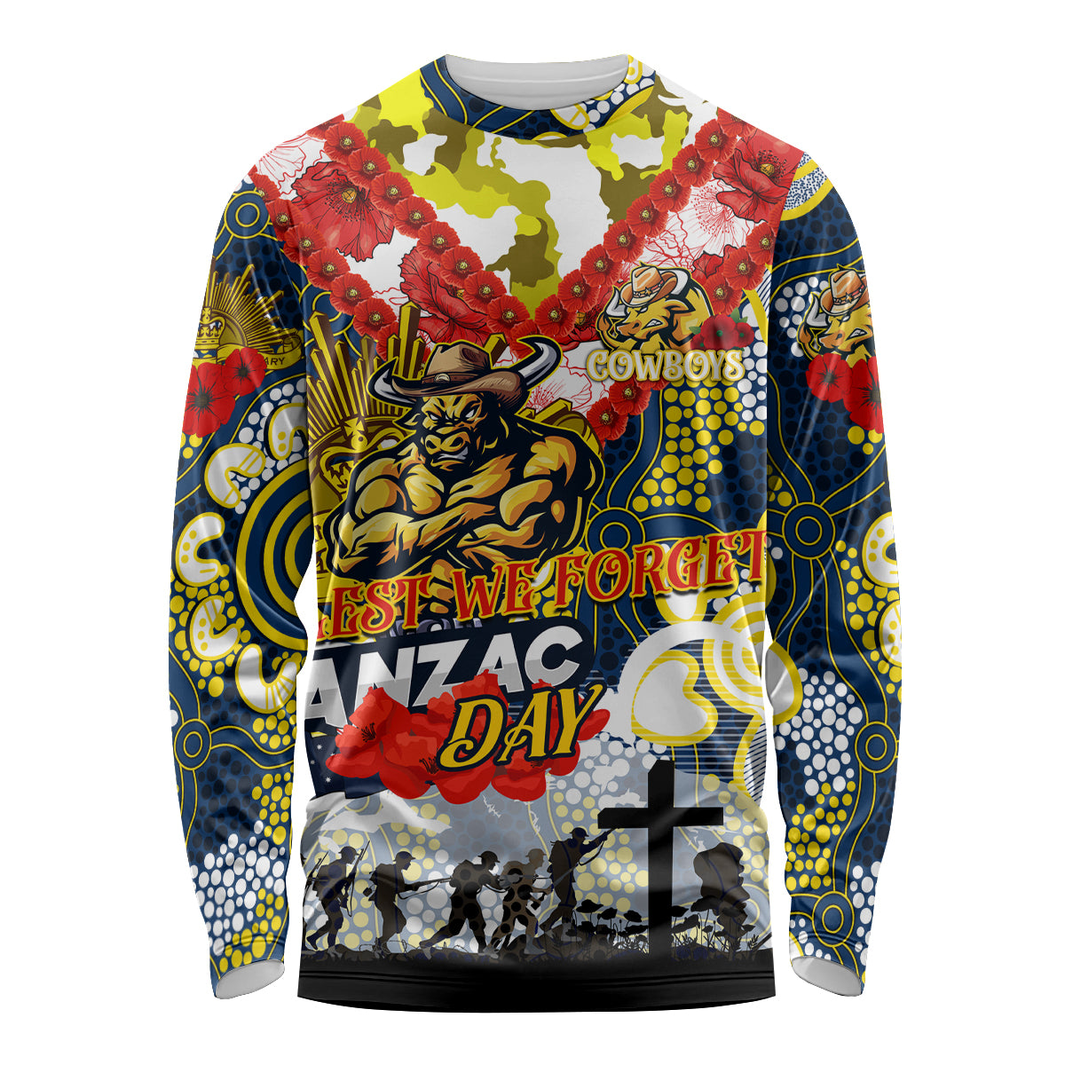 Personalised Cowboys ANZAC Day Long Sleeve Shirt Aboriginal Rising Sun