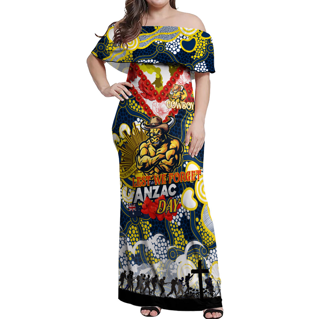 Personalised Cowboys ANZAC Day Off Shoulder Maxi Dress Aboriginal Rising Sun