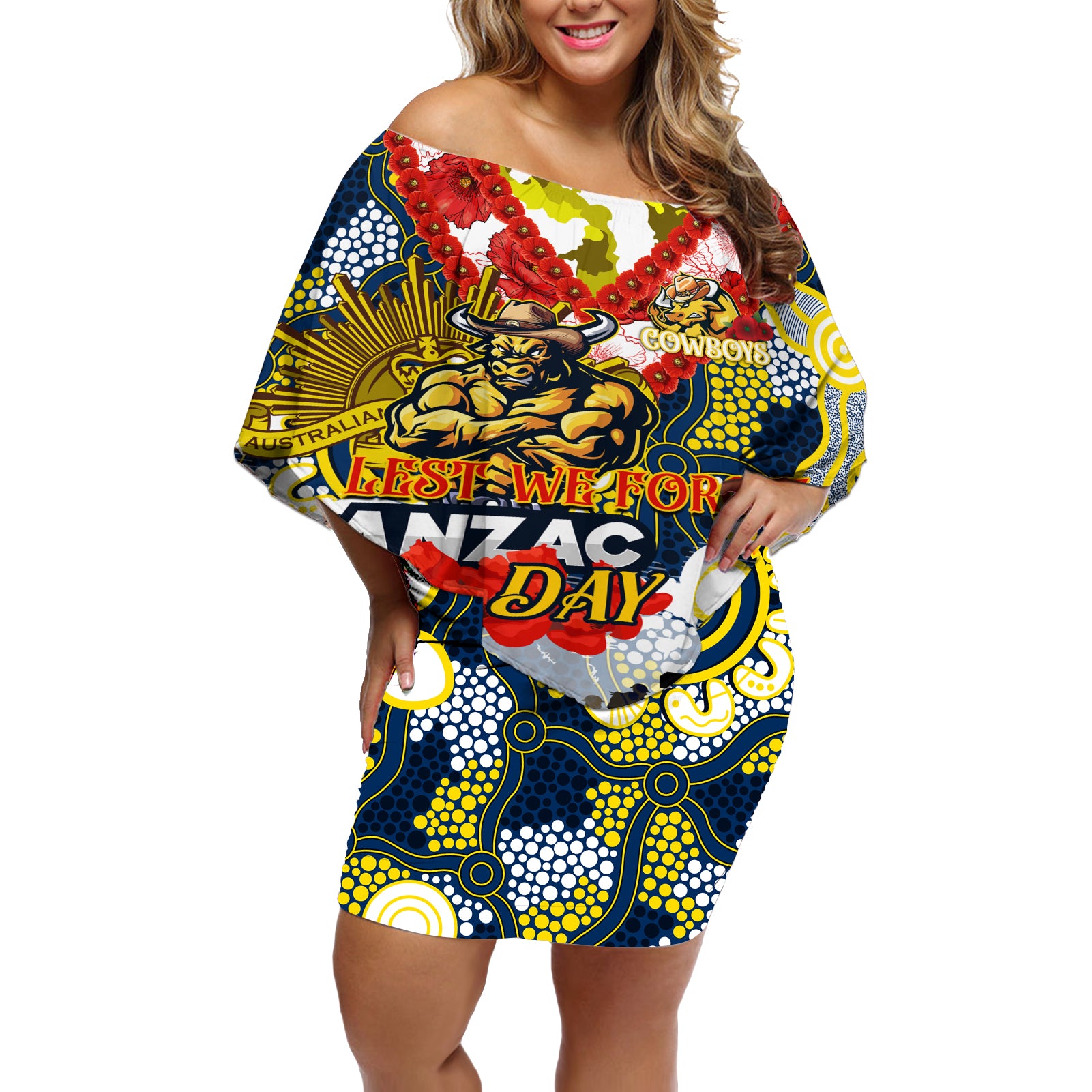 Personalised Cowboys ANZAC Day Off Shoulder Short Dress Aboriginal Rising Sun