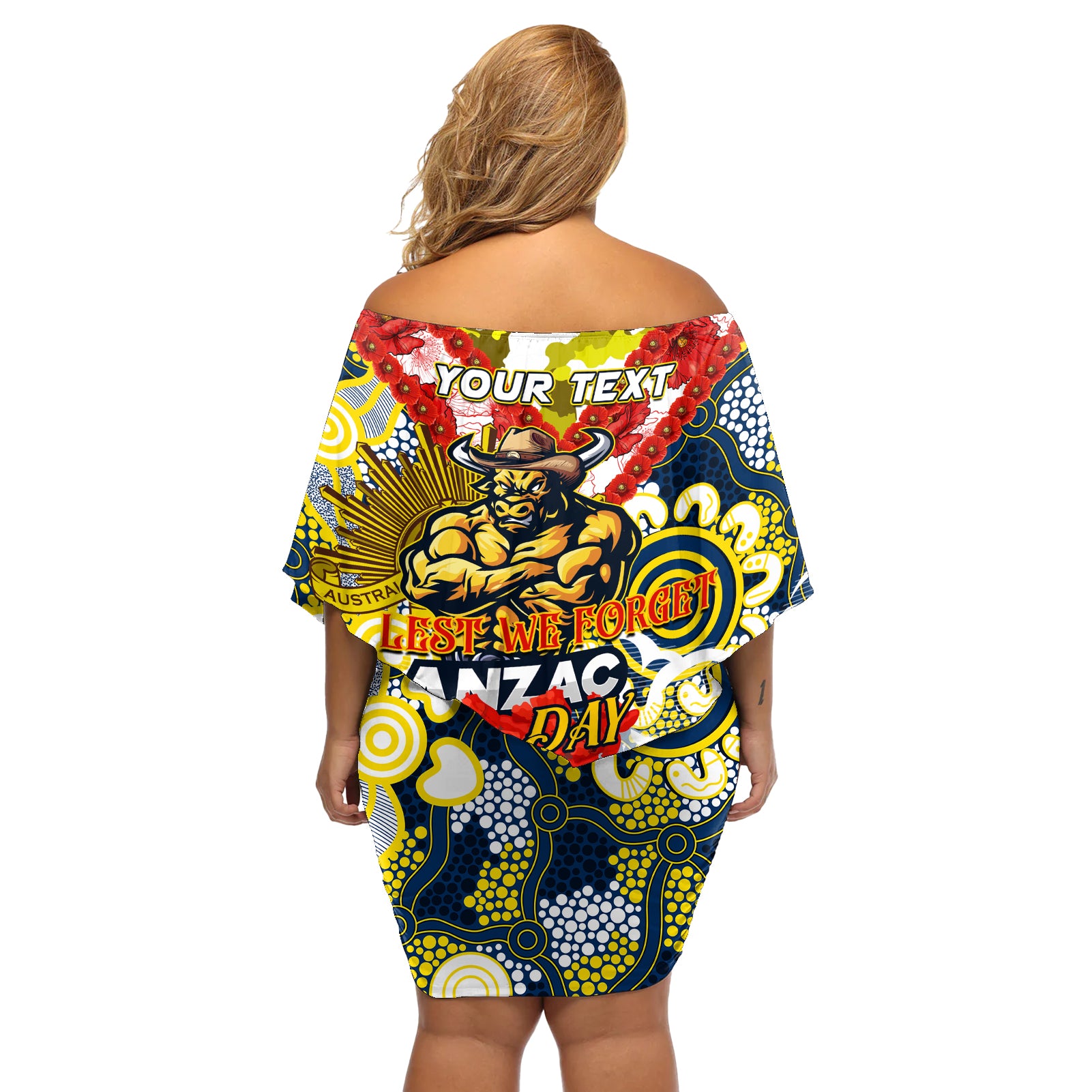 Personalised Cowboys ANZAC Day Off Shoulder Short Dress Aboriginal Rising Sun