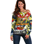Personalised Cowboys ANZAC Day Off Shoulder Sweater Aboriginal Rising Sun