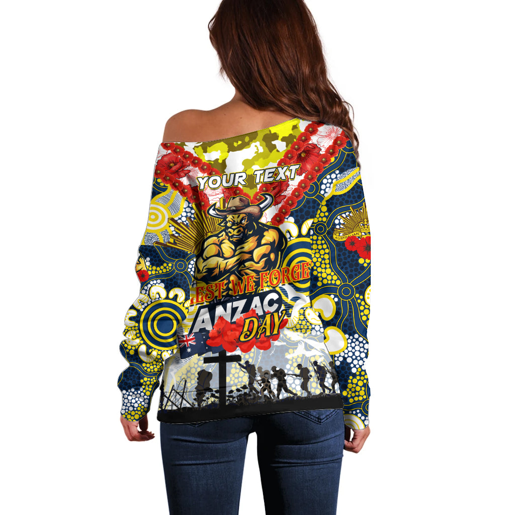 Personalised Cowboys ANZAC Day Off Shoulder Sweater Aboriginal Rising Sun