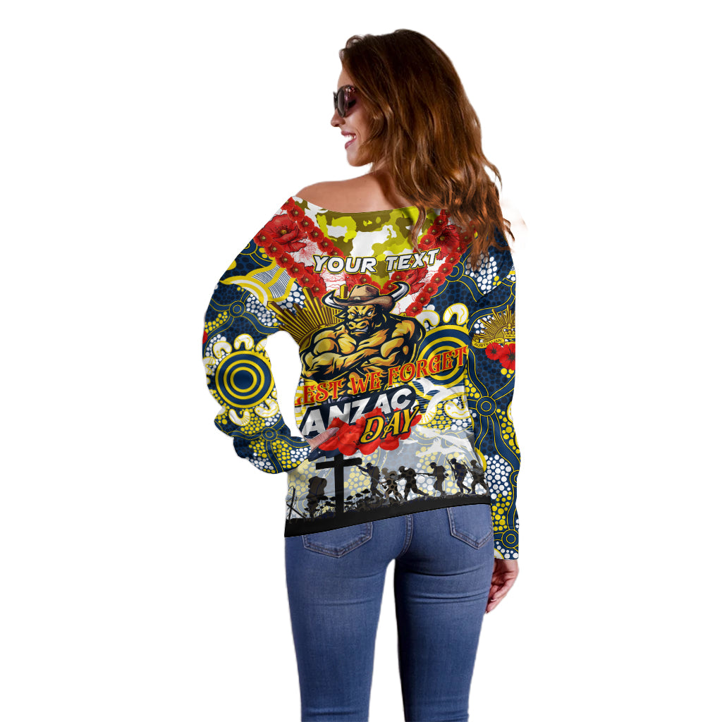 Personalised Cowboys ANZAC Day Off Shoulder Sweater Aboriginal Rising Sun