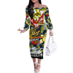 Personalised Cowboys ANZAC Day Off The Shoulder Long Sleeve Dress Aboriginal Rising Sun