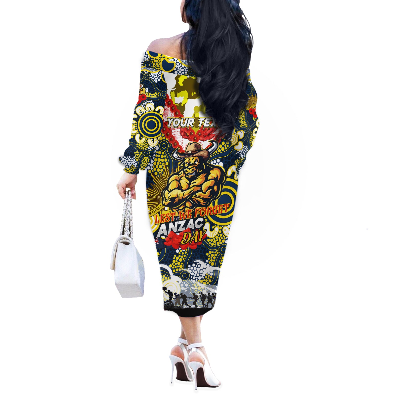 Personalised Cowboys ANZAC Day Off The Shoulder Long Sleeve Dress Aboriginal Rising Sun