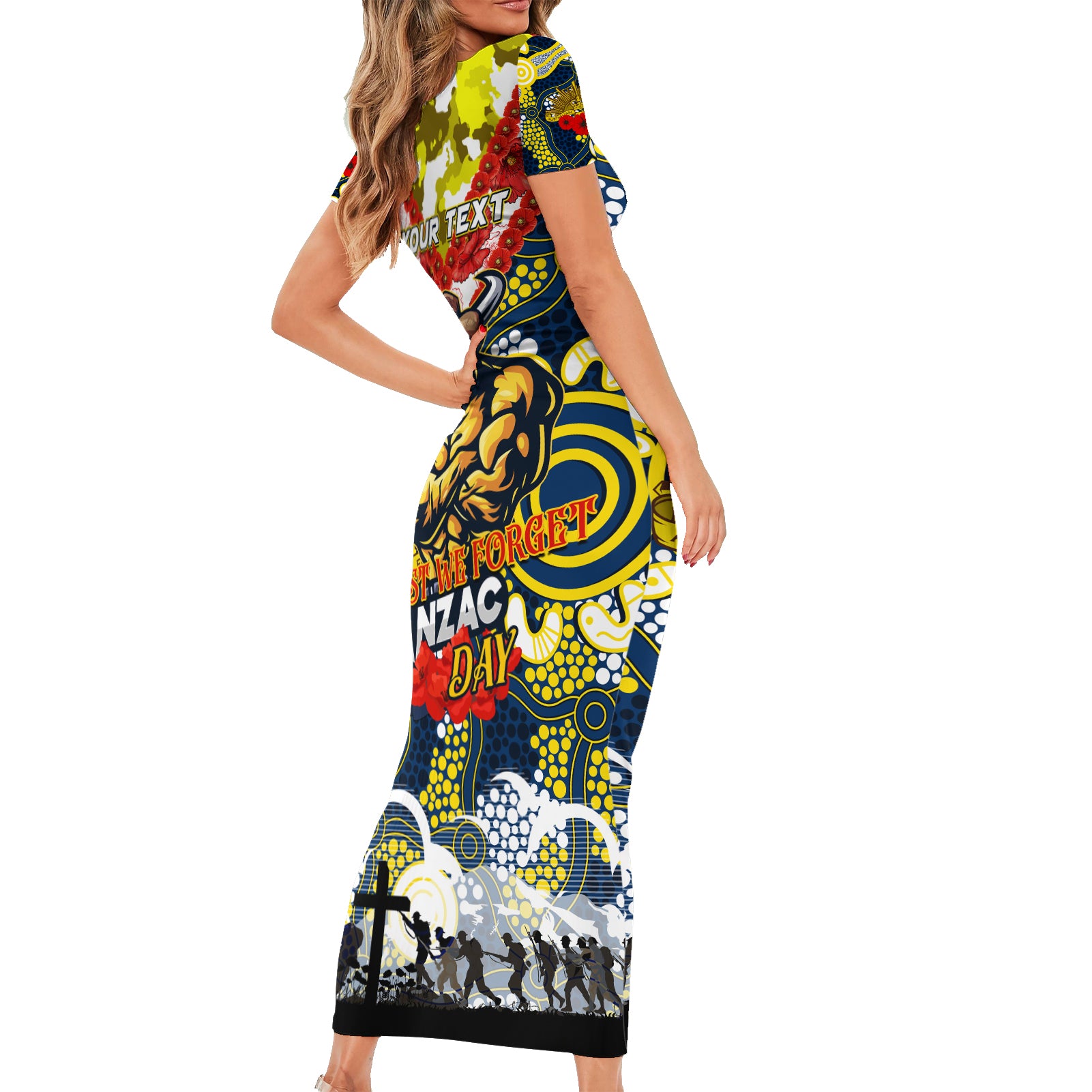 Personalised Cowboys ANZAC Day Short Sleeve Bodycon Dress Aboriginal Rising Sun