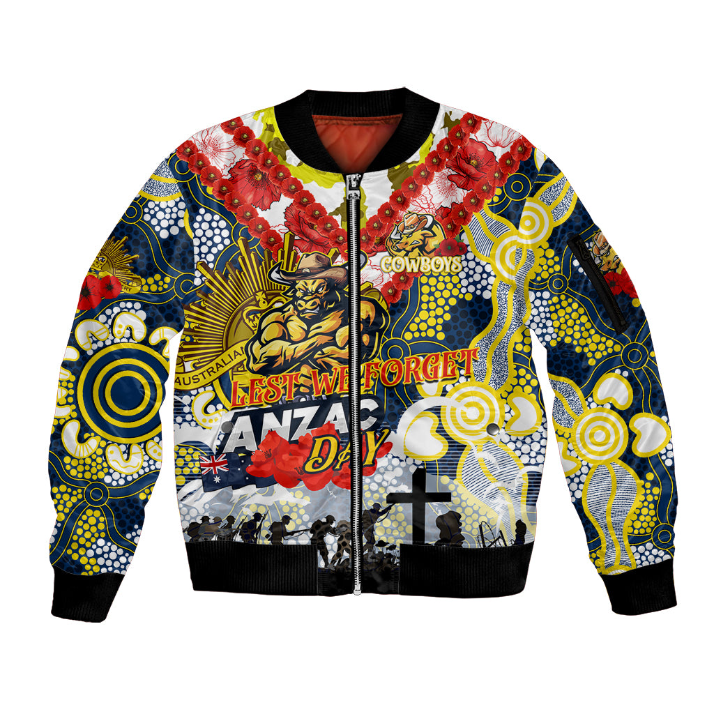 Personalised Cowboys ANZAC Day Sleeve Zip Bomber Jacket Aboriginal Rising Sun