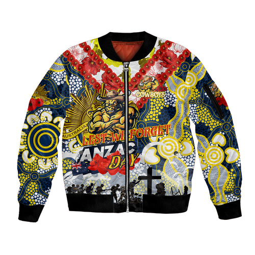 Personalised Cowboys ANZAC Day Sleeve Zip Bomber Jacket Aboriginal Rising Sun