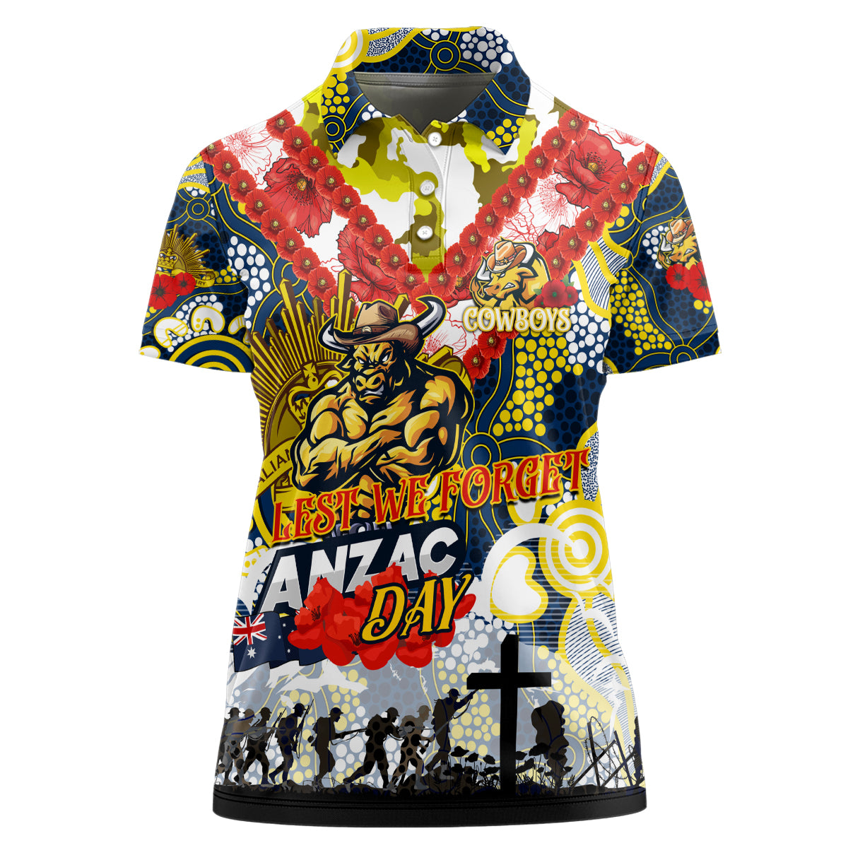 Personalised Cowboys ANZAC Day Women Polo Shirt Aboriginal Rising Sun