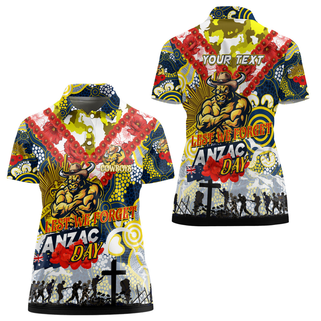 Personalised Cowboys ANZAC Day Women Polo Shirt Aboriginal Rising Sun