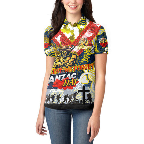 Personalised Cowboys ANZAC Day Women Polo Shirt Aboriginal Rising Sun