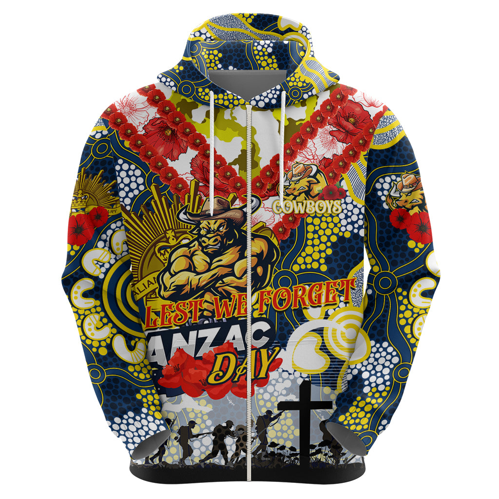 Personalised Cowboys ANZAC Day Zip Hoodie Aboriginal Rising Sun