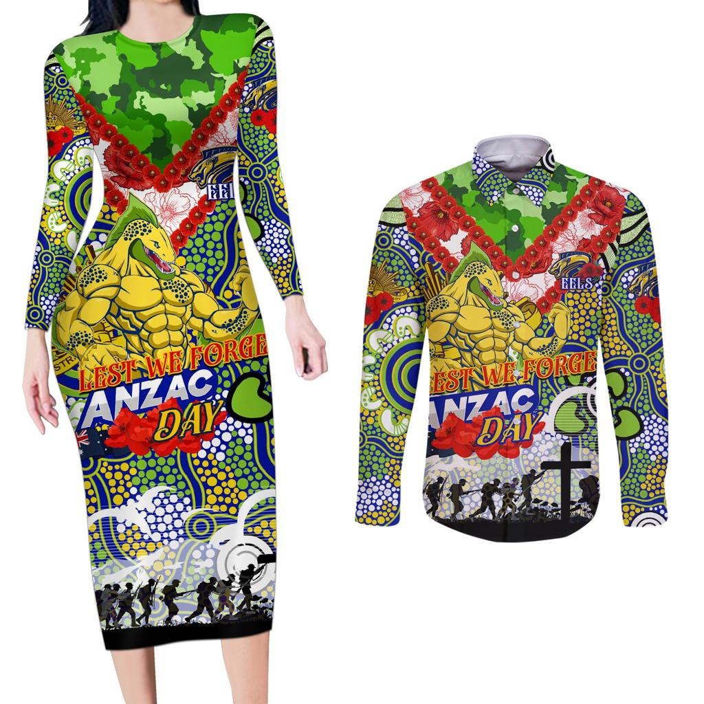 Personalised Eels ANZAC Day Couples Matching Long Sleeve Bodycon Dress and Long Sleeve Button Shirt Aboriginal Rising Sun