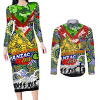 Personalised Eels ANZAC Day Couples Matching Long Sleeve Bodycon Dress and Long Sleeve Button Shirt Aboriginal Rising Sun