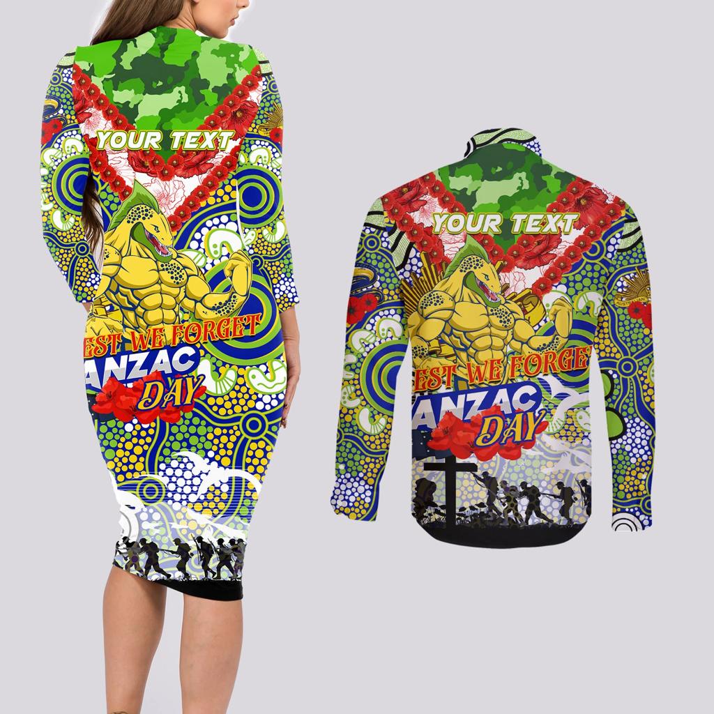 Personalised Eels ANZAC Day Couples Matching Long Sleeve Bodycon Dress and Long Sleeve Button Shirt Aboriginal Rising Sun