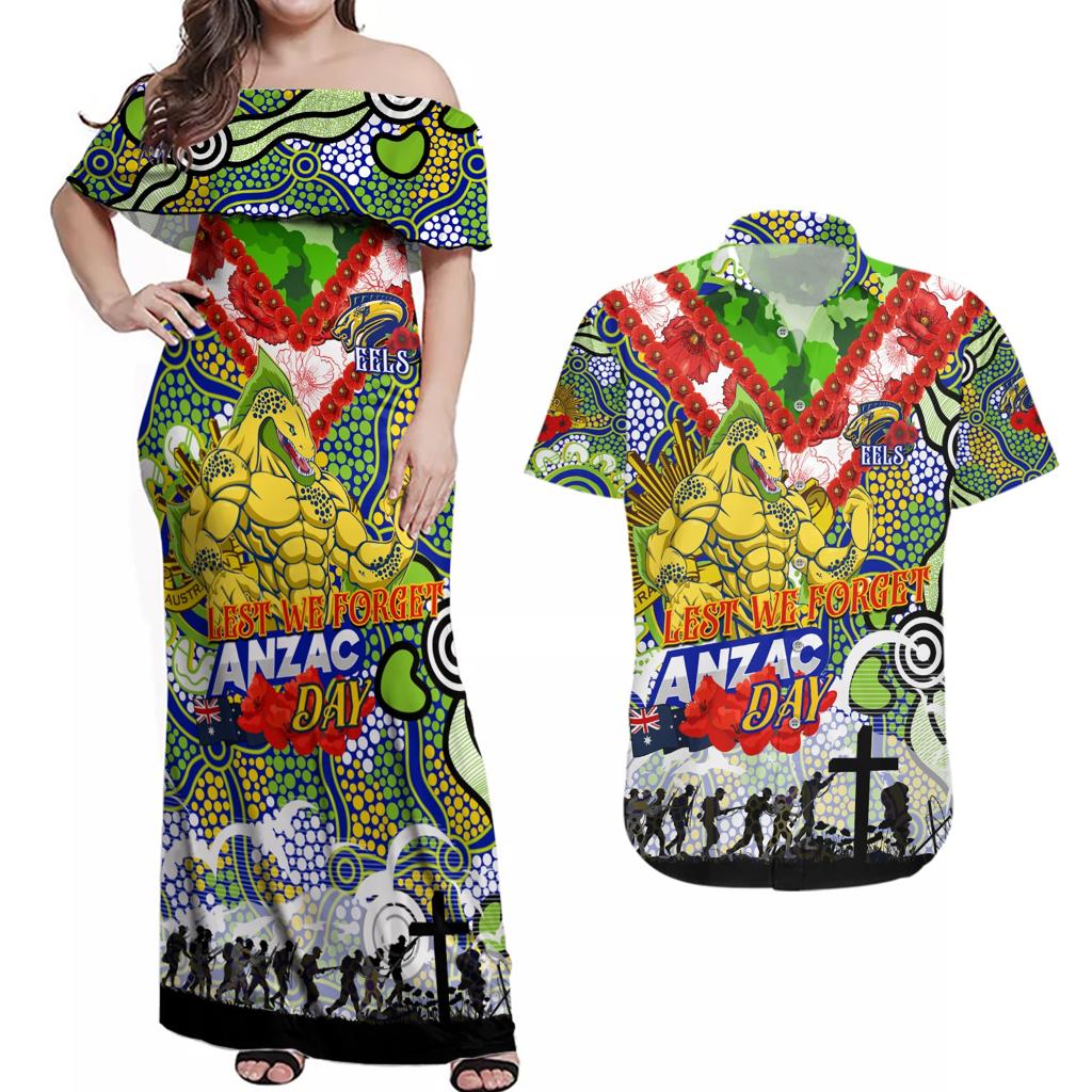 Personalised Eels ANZAC Day Couples Matching Off Shoulder Maxi Dress and Hawaiian Shirt Aboriginal Rising Sun