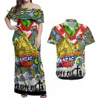 Personalised Eels ANZAC Day Couples Matching Off Shoulder Maxi Dress and Hawaiian Shirt Aboriginal Rising Sun