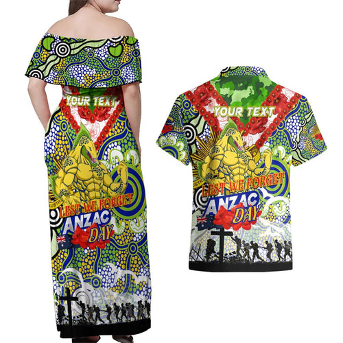 Personalised Eels ANZAC Day Couples Matching Off Shoulder Maxi Dress and Hawaiian Shirt Aboriginal Rising Sun