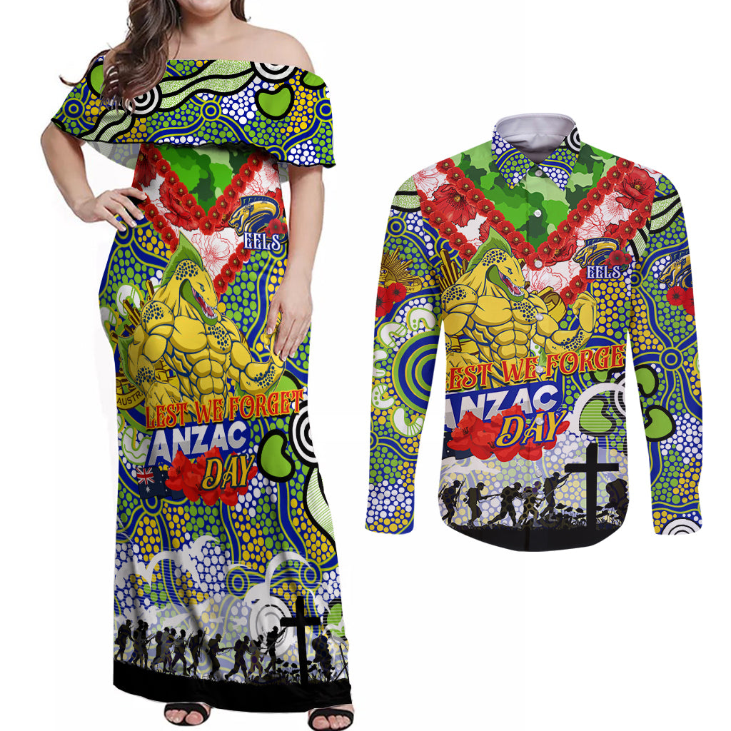 Personalised Eels ANZAC Day Couples Matching Off Shoulder Maxi Dress and Long Sleeve Button Shirt Aboriginal Rising Sun