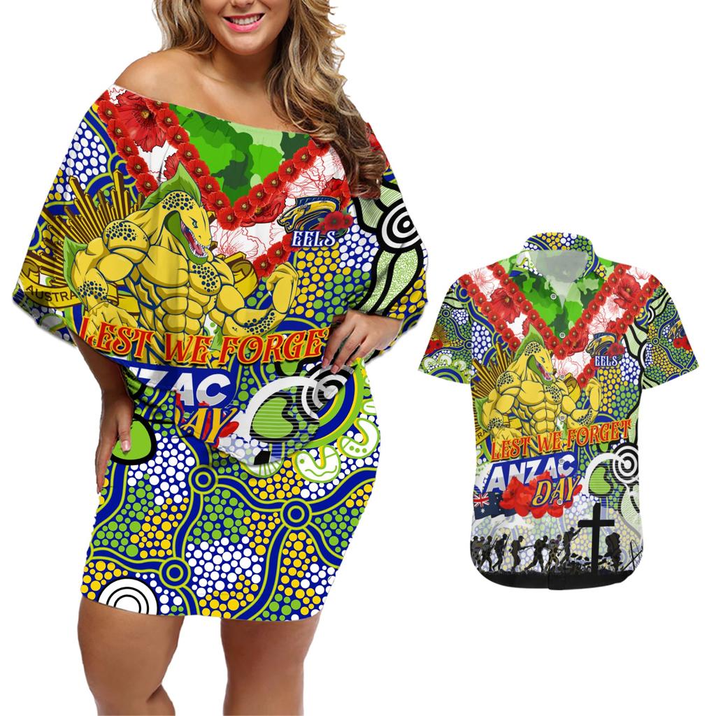 Personalised Eels ANZAC Day Couples Matching Off Shoulder Short Dress and Hawaiian Shirt Aboriginal Rising Sun