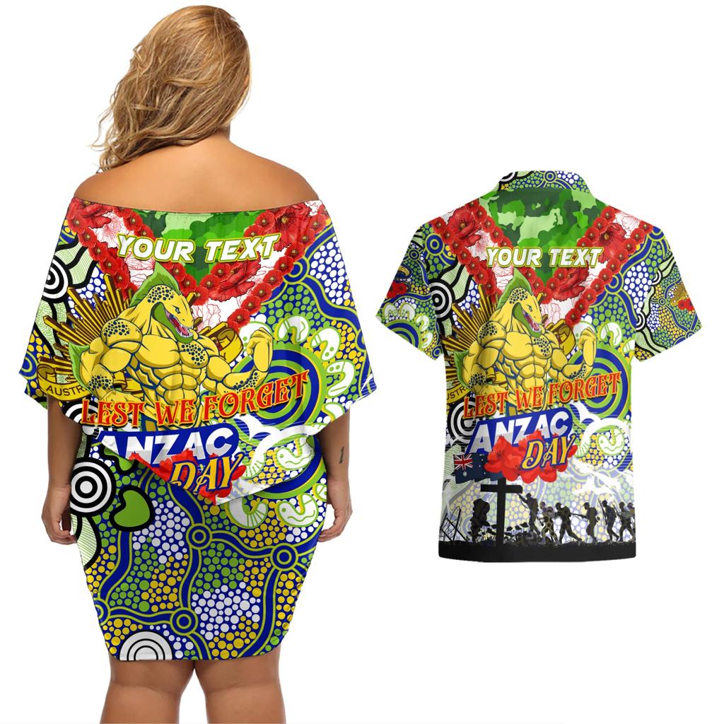 Personalised Eels ANZAC Day Couples Matching Off Shoulder Short Dress and Hawaiian Shirt Aboriginal Rising Sun