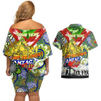 Personalised Eels ANZAC Day Couples Matching Off Shoulder Short Dress and Hawaiian Shirt Aboriginal Rising Sun