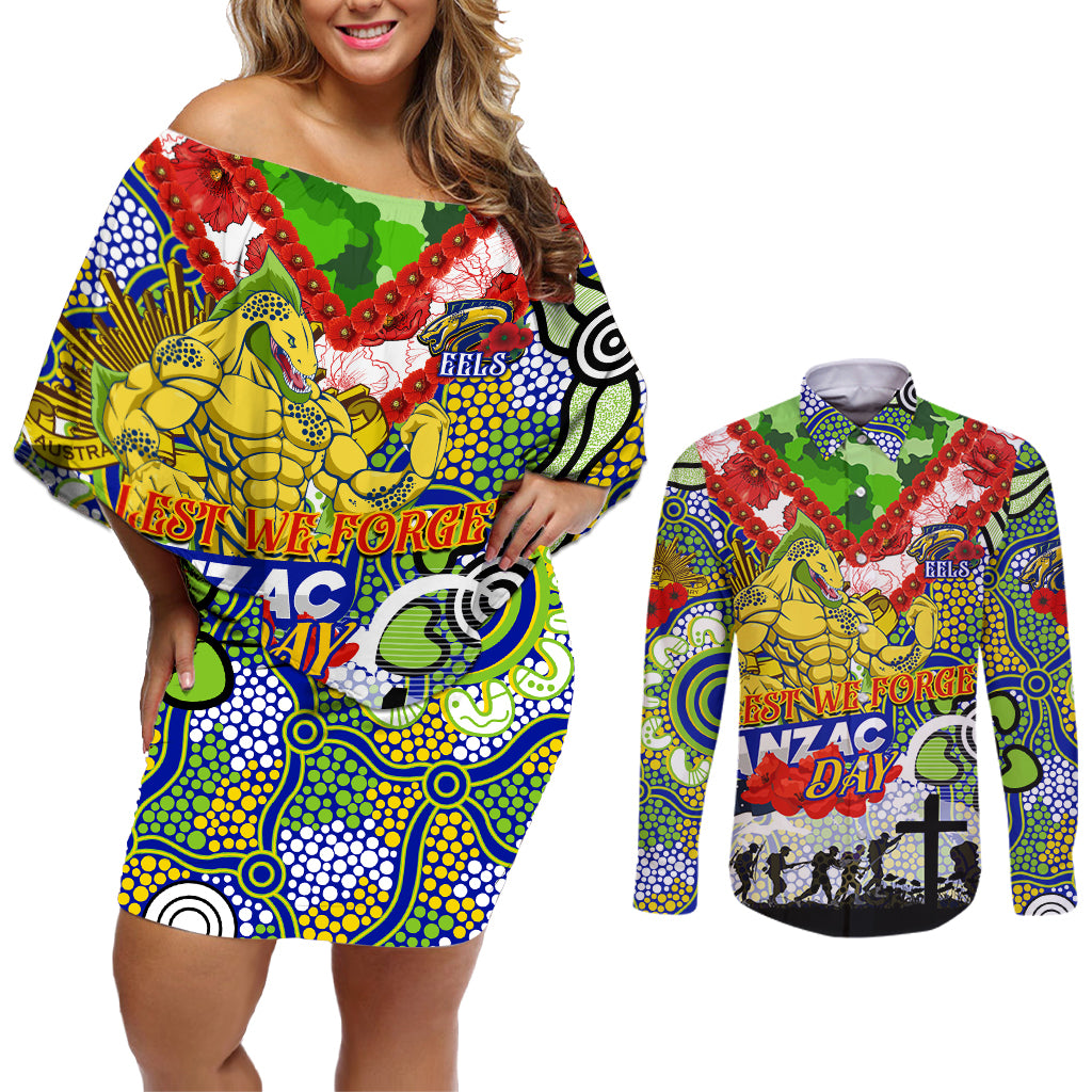 Personalised Eels ANZAC Day Couples Matching Off Shoulder Short Dress and Long Sleeve Button Shirt Aboriginal Rising Sun