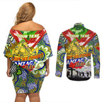 Personalised Eels ANZAC Day Couples Matching Off Shoulder Short Dress and Long Sleeve Button Shirt Aboriginal Rising Sun