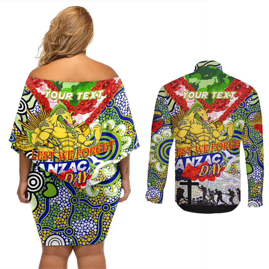 Personalised Eels ANZAC Day Couples Matching Off Shoulder Short Dress and Long Sleeve Button Shirt Aboriginal Rising Sun
