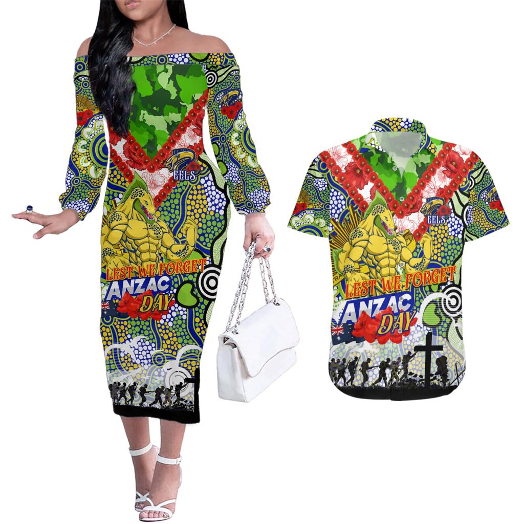 Personalised Eels ANZAC Day Couples Matching Off The Shoulder Long Sleeve Dress and Hawaiian Shirt Aboriginal Rising Sun