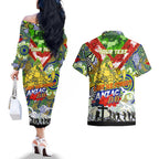 Personalised Eels ANZAC Day Couples Matching Off The Shoulder Long Sleeve Dress and Hawaiian Shirt Aboriginal Rising Sun