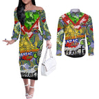 Personalised Eels ANZAC Day Couples Matching Off The Shoulder Long Sleeve Dress and Long Sleeve Button Shirt Aboriginal Rising Sun