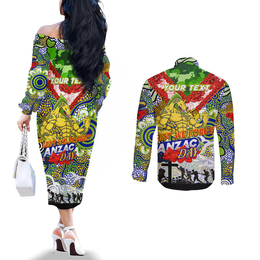 Personalised Eels ANZAC Day Couples Matching Off The Shoulder Long Sleeve Dress and Long Sleeve Button Shirt Aboriginal Rising Sun