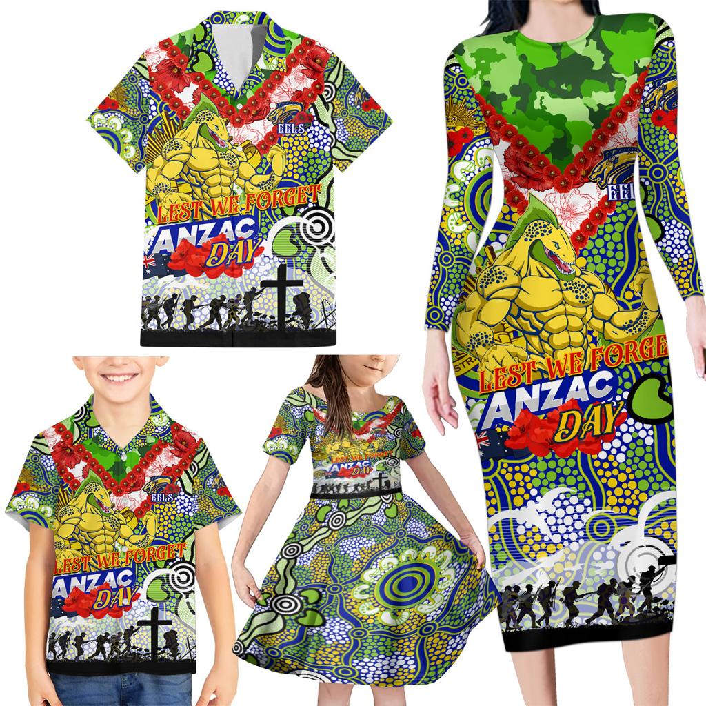 Personalised Eels ANZAC Day Family Matching Long Sleeve Bodycon Dress and Hawaiian Shirt Aboriginal Rising Sun