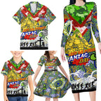 Personalised Eels ANZAC Day Family Matching Long Sleeve Bodycon Dress and Hawaiian Shirt Aboriginal Rising Sun