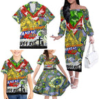 Personalised Eels ANZAC Day Family Matching Off The Shoulder Long Sleeve Dress and Hawaiian Shirt Aboriginal Rising Sun